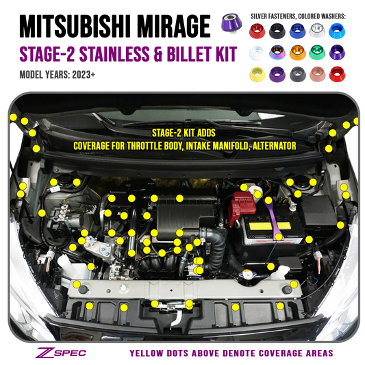 ZSPEC Stage-2 Dress Up Bolts® Fastener Kit for '23+ Mitsubishi Mirage, Stainless & Billet - Howling Moto
