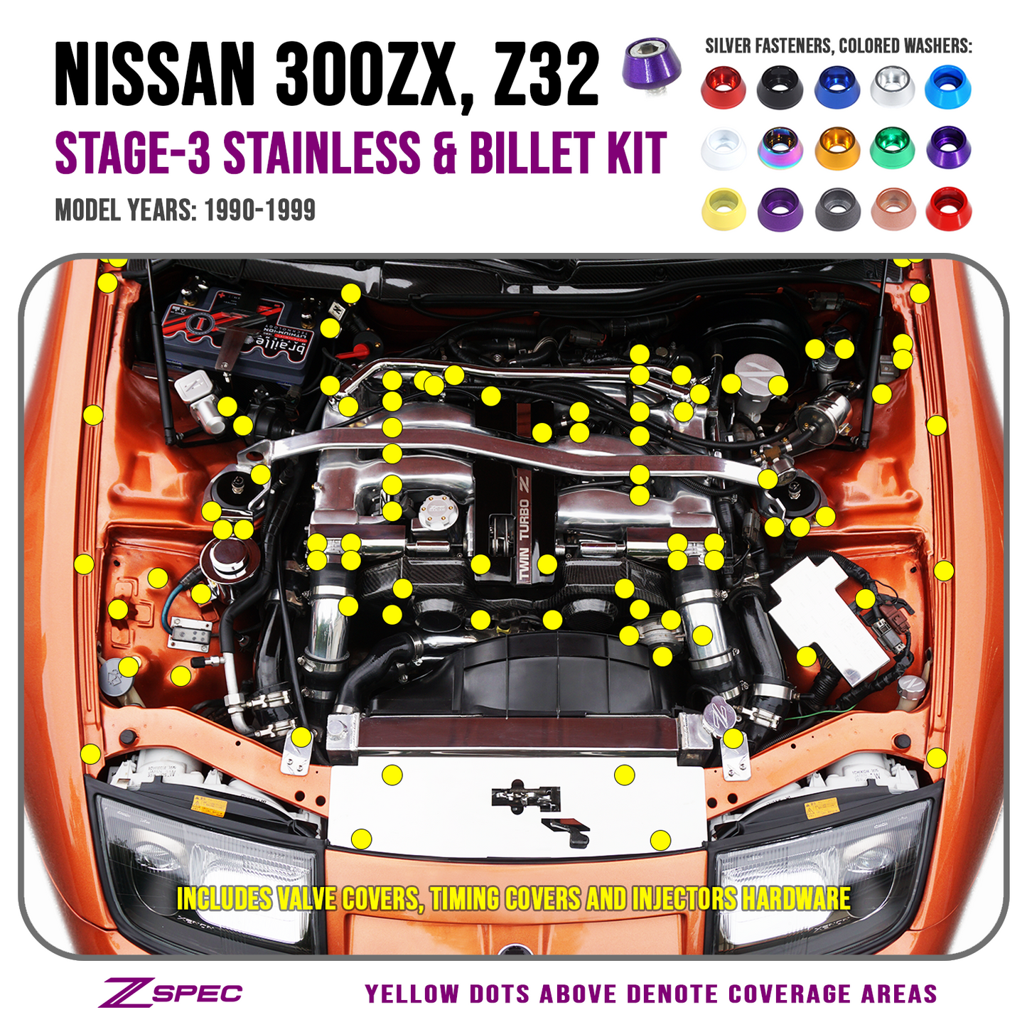 ZSPEC Stage-3 Dress Up Bolts® Fastener Kit for '90-99 Nissan 300zx Z32, Stainless & Billet - Howling Moto