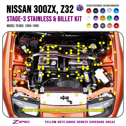 ZSPEC Stage-3 Dress Up Bolts® Fastener Kit for '90-99 Nissan 300zx Z32, Stainless & Billet - Howling Moto