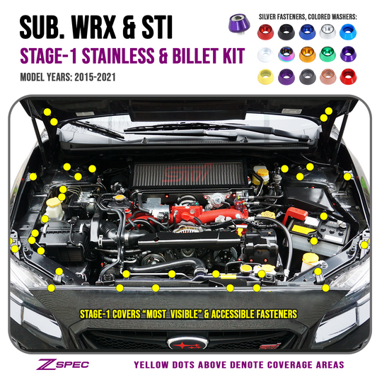 ZSPEC Stage-1 Dress Up Bolts® Fastener Kit for '15-21 Subaru WRX & STI, Stainless & Billet - Howling Moto