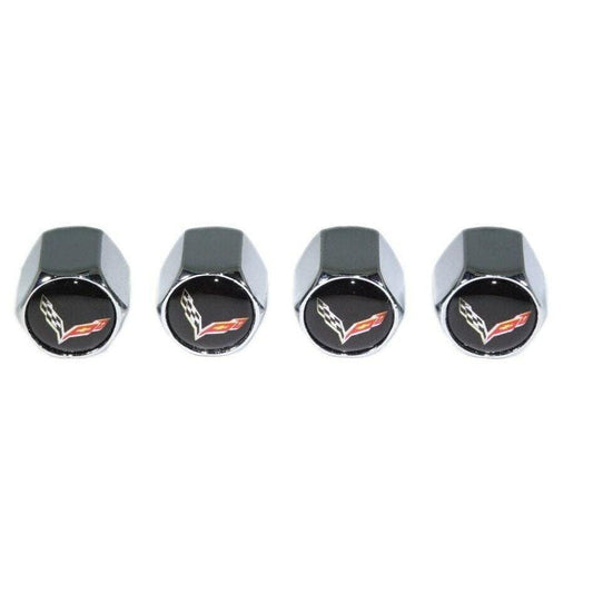 Chrome Valve Stem Tire Caps, Style: Corvette, Black Background - Howling Moto