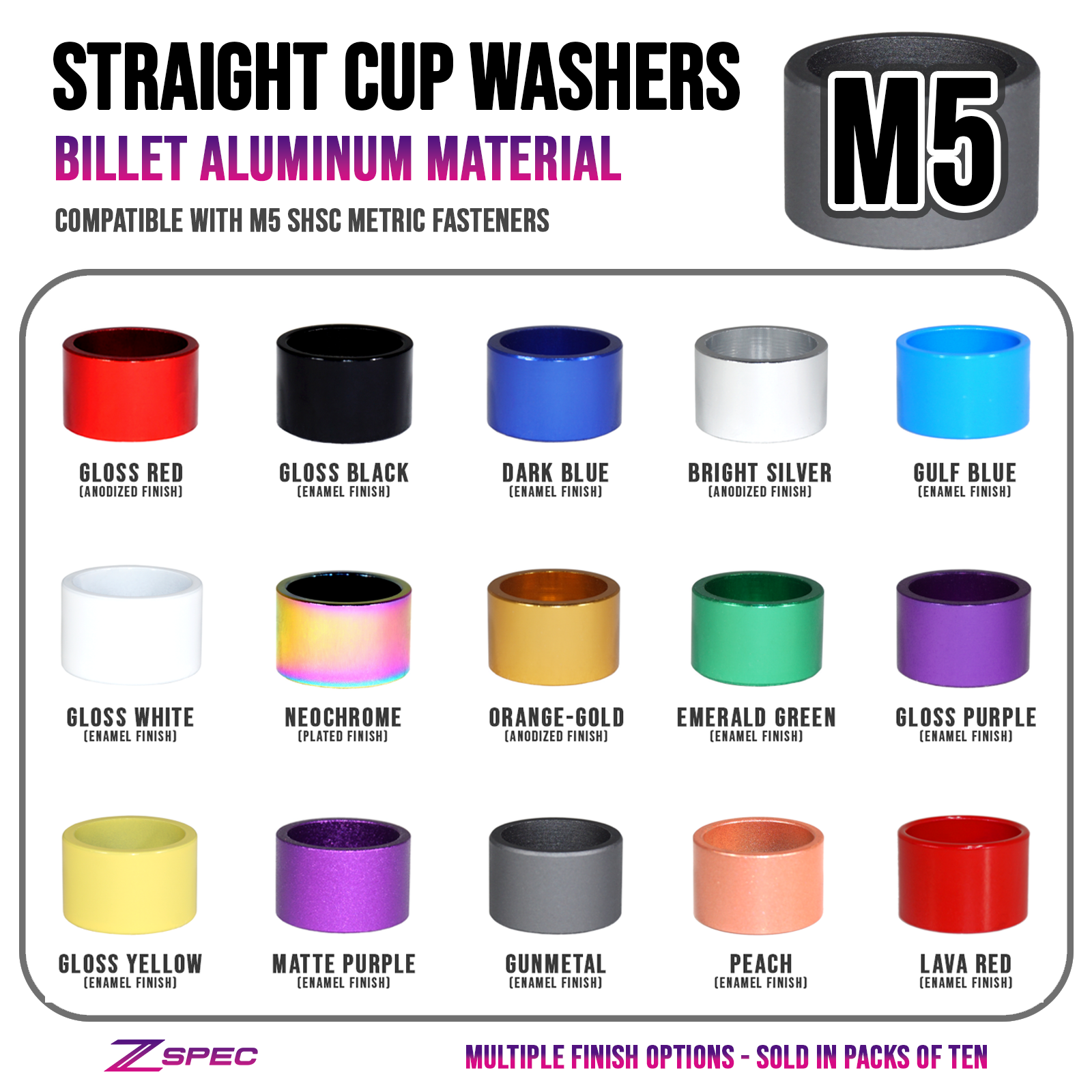 ZSPEC M5 Straight Cup Dress Up/Finish Washers for M5 SHSC Fasteners, Billet, 10-Pack - Howling Moto