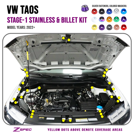 ZSPEC Stage-1 Dress Up Bolts® Fastener Kit for '22+ VW Taos, Stainless & Billet - Howling Moto