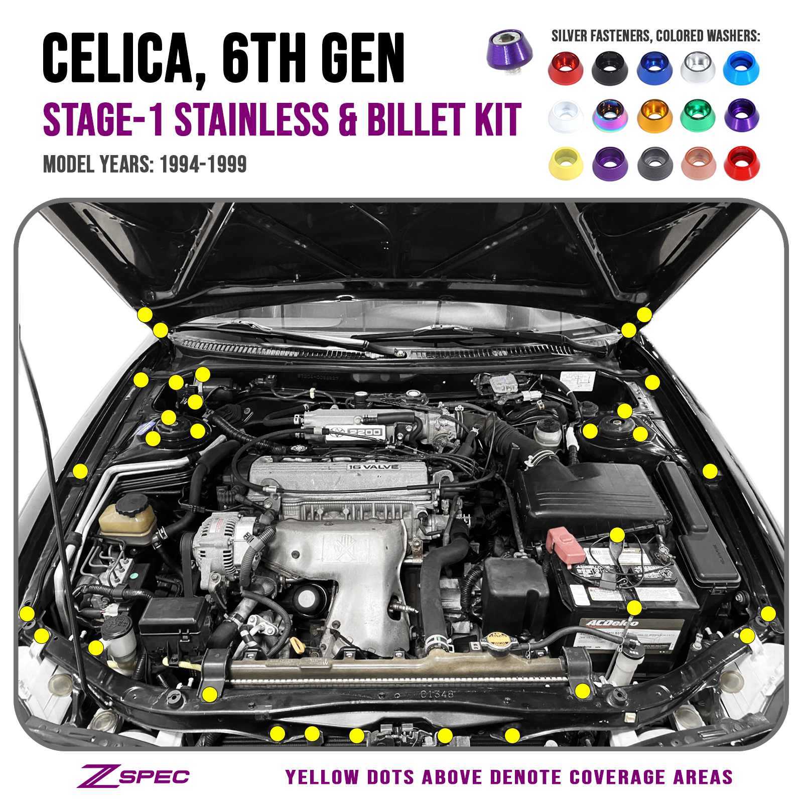 ZSPEC Stage-1 Dress Up Bolts® Fastener Kit for '94-99 Toyota Celica, Stainless & Billet - Howling Moto