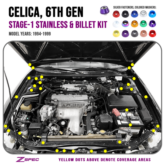 ZSPEC Stage-1 Dress Up Bolts® Fastener Kit for '94-99 Toyota Celica, Stainless & Billet - Howling Moto