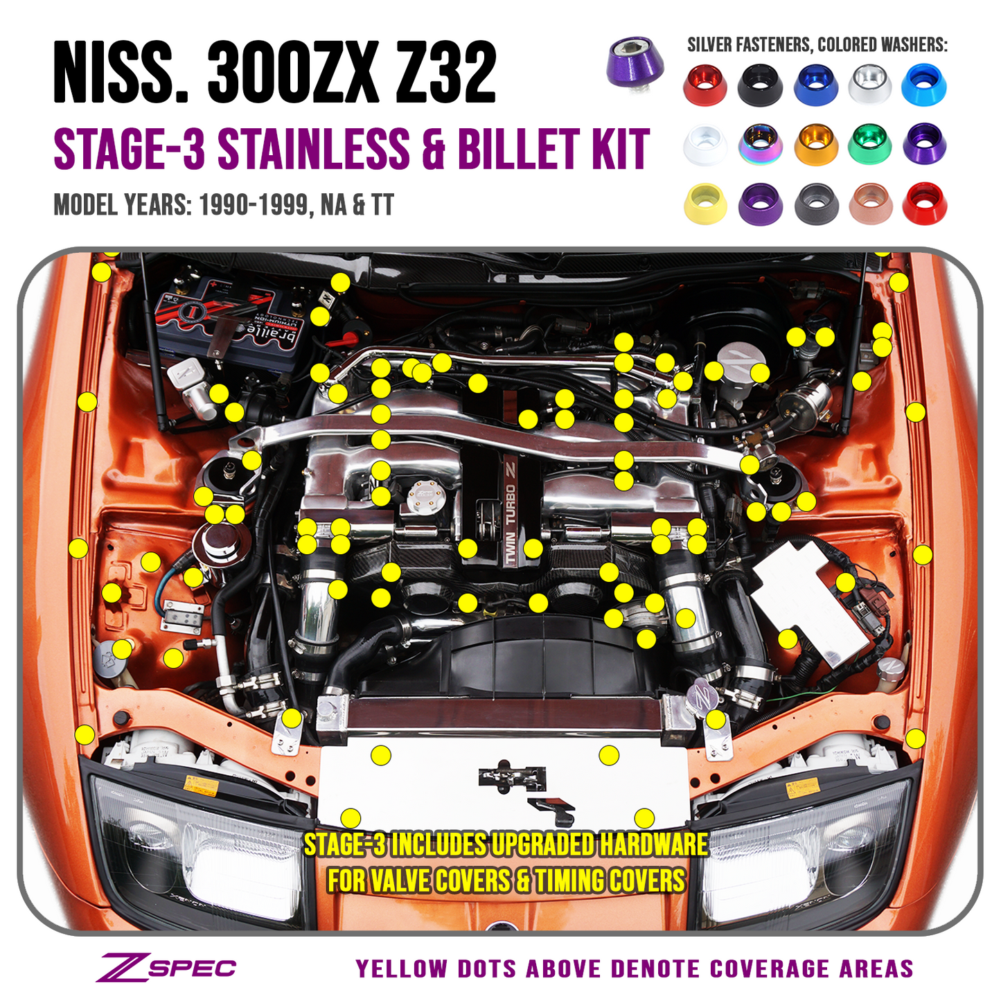 ZSPEC Stage-3 Dress Up Bolts® Fastener Kit for Nissan 300zx Z32, Upgraded Timing Bolts, Stainless & Billet - Howling Moto