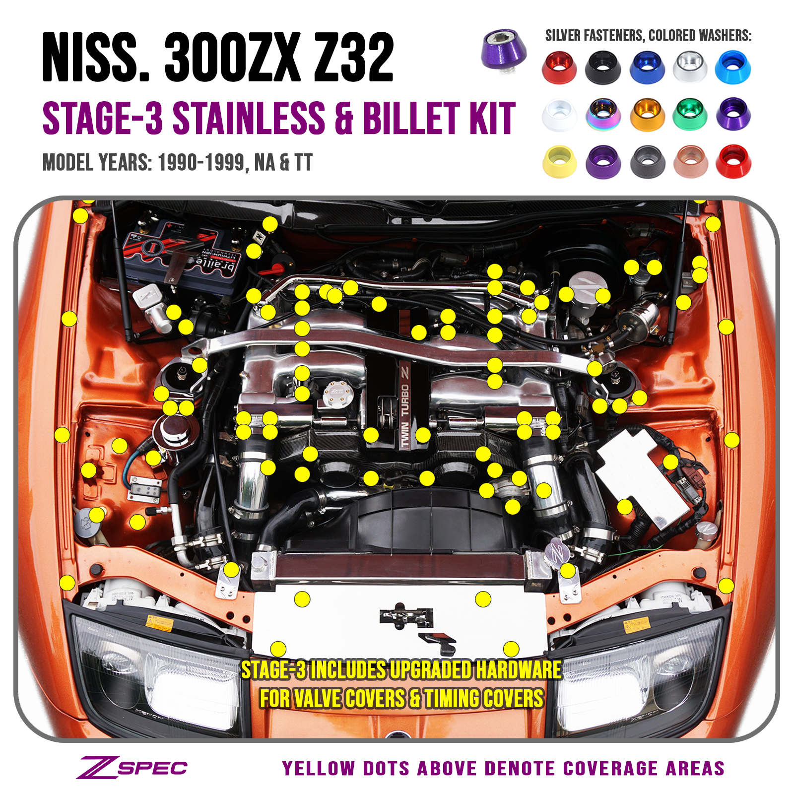 ZSPEC Stage-3 Dress Up Bolts® Fastener Kit for Nissan 300zx Z32, Upgraded Timing Bolts, Stainless & Billet - Howling Moto