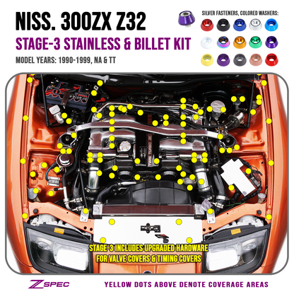 ZSPEC Stage-3 Dress Up Bolts® Fastener Kit for Nissan 300zx Z32, Upgraded Timing Bolts, Stainless & Billet - Howling Moto
