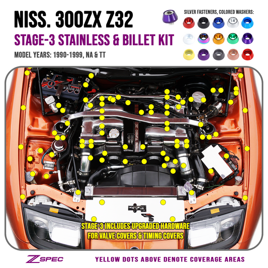 ZSPEC Stage-3 Dress Up Bolts® Fastener Kit for Nissan 300zx Z32, Upgraded Timing Bolts, Stainless & Billet - Howling Moto