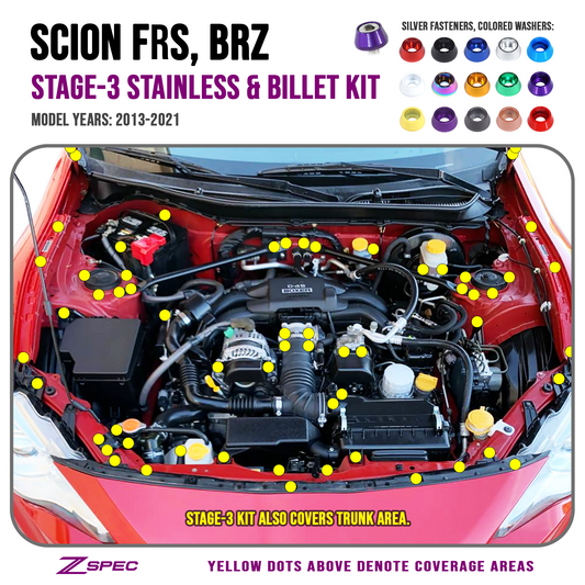 ZSPEC Stage-3 Dress Up Bolts® Fastener Kit for Scion FRS, Subaru BRZ, Toyota 86 '13-21, Stainless & Billet - Howling Moto