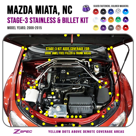 ZSPEC Stage-3 Dress Up Bolts® Fastener Kit for Mazda Miata NC, Stainless & Billet - Howling Moto