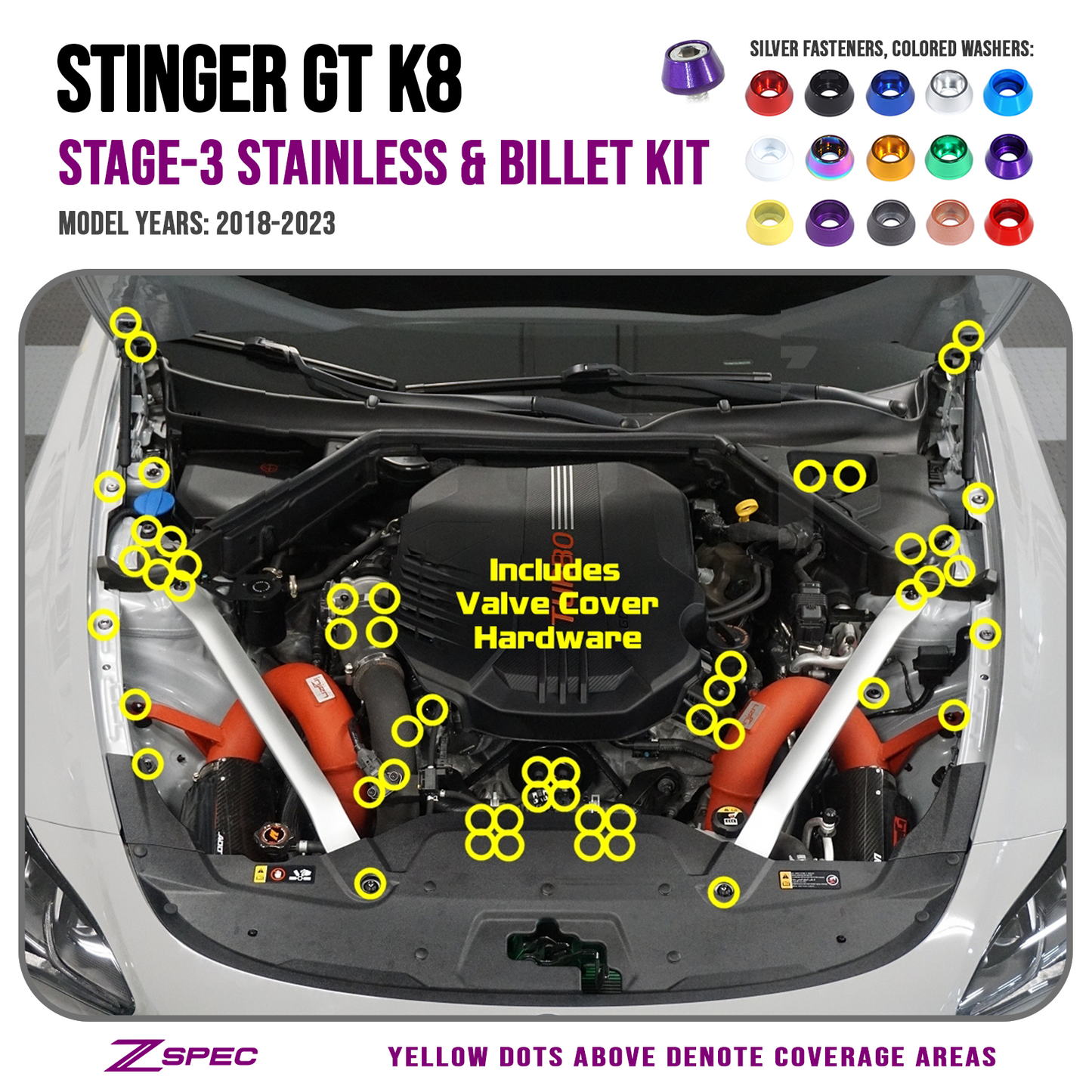 ZSPEC Stage-3 Dress Up Bolts® Fastener Kit for '18+ Kia Stinger GT K8, Stainless & Billet - Howling Moto