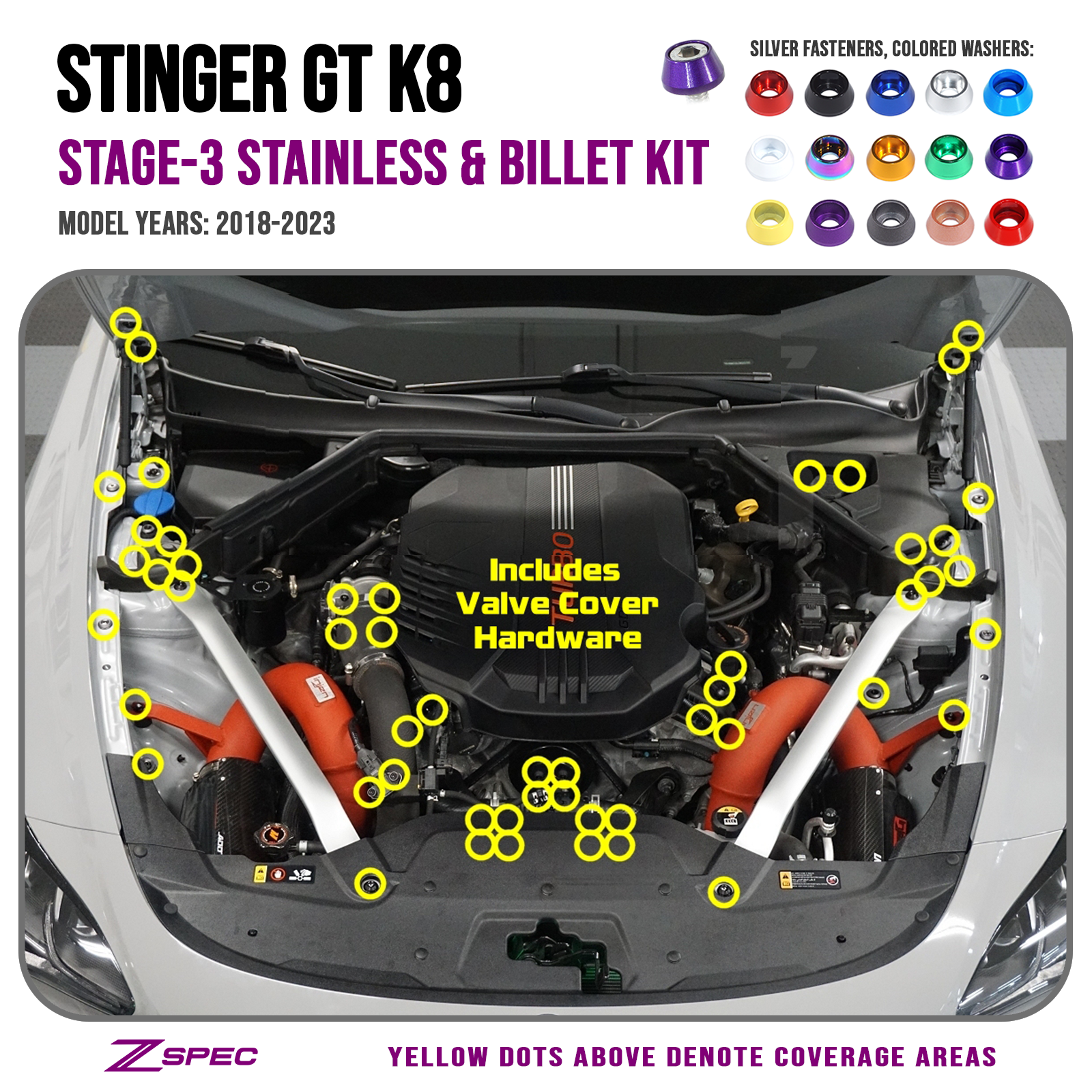ZSPEC Stage-3 Dress Up Bolts® Fastener Kit for '18+ Kia Stinger GT K8, Stainless & Billet - Howling Moto