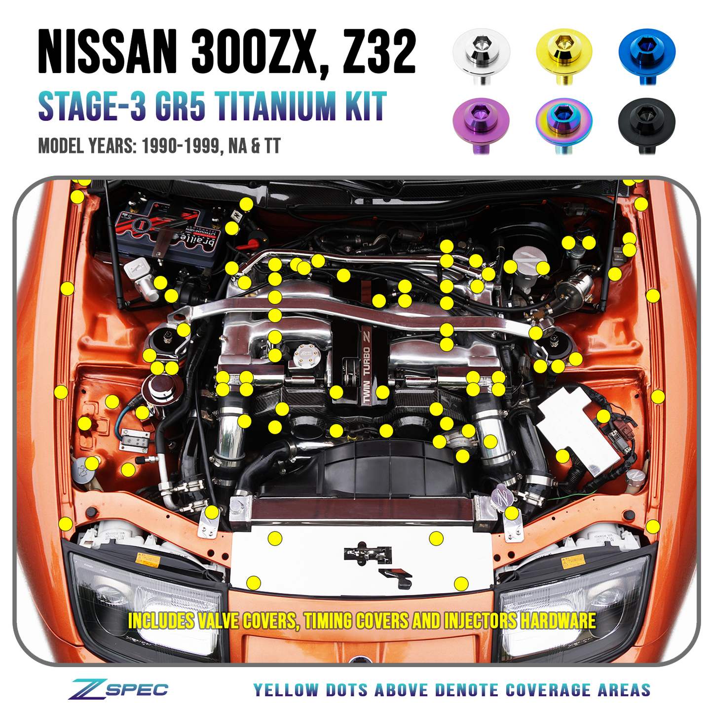 ZSPEC Stage-3 Dress Up Bolts® Hardware Kit for Nissan 300zx Z32, Titanium - Howling Moto