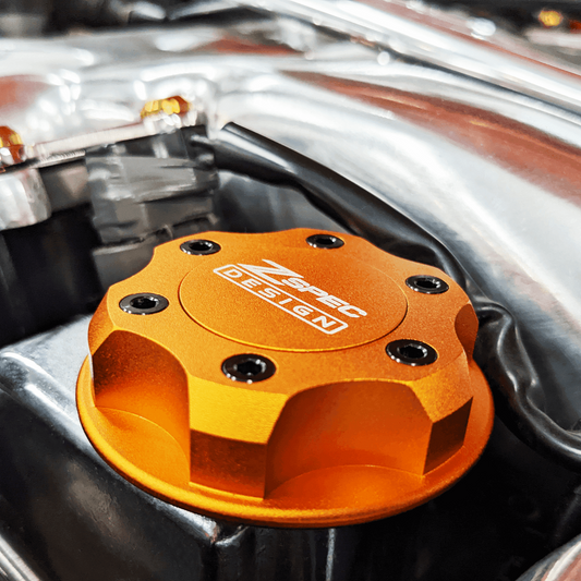ZSPEC Billet Oil Filler Cap for Nissan/Infiniti/Datsun, Orange-Gold Cap w/Titanium Accents - Howling Moto