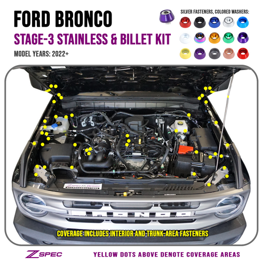 ZSPEC Stage-3 Dress Up Bolts® Fastener Kit for '21+ Ford Bronco 2.7L, Stainless-Billet - Howling Moto