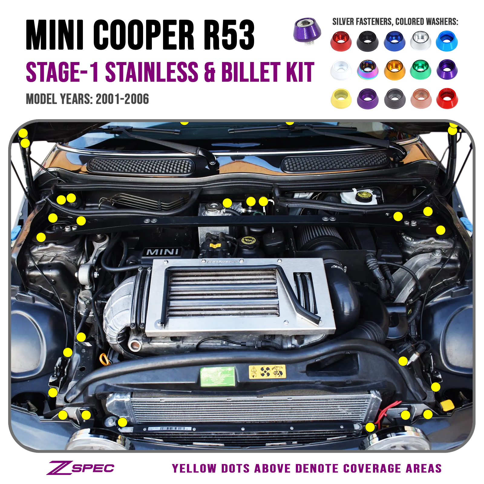 ZSPEC Stage-1 Dress Up Bolts® Fastener Kit for '01-06 R53 Mini Cooper & S, Stainless & Billet - Howling Moto