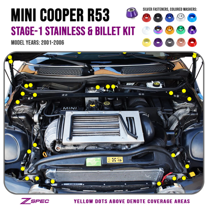 ZSPEC Stage-1 Dress Up Bolts® Fastener Kit for '01-06 R53 Mini Cooper & S, Stainless & Billet - Howling Moto