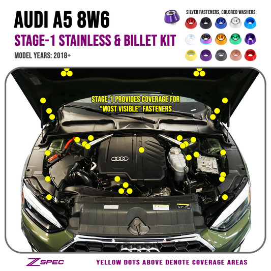 ZSPEC Stage-1 Dress Up Bolts® Fastener Kit for '18-22+ Audi A5 8W6 2.0L, Stainless & Billet - Howling Moto