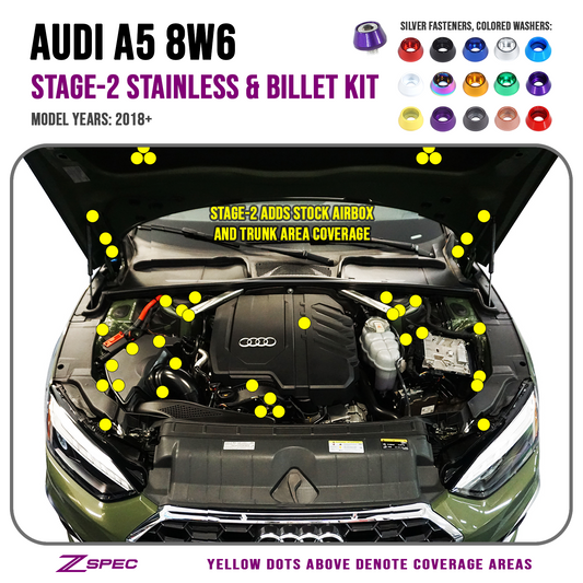 ZSPEC Stage-2 Dress Up Bolts® Fastener Kit for '18-22+ Audi A5 8W6 2.0L, Stainless & Billet - Howling Moto