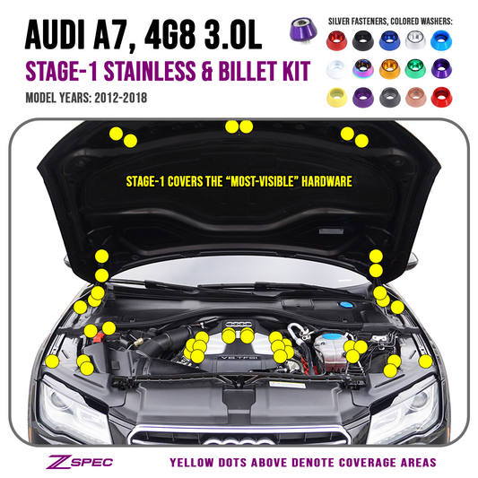 ZSPEC Stage-1 Dress Up Bolts® Fastener Kit for '12-18 Audi A7 4G8 3.0L, Stainless & Billet - Howling Moto