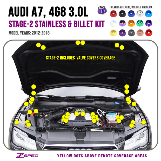 ZSPEC Stage-2 Dress Up Bolts® Fastener Kit for '12-18 Audi A7 4G8 3.0L, Stainless & Billet - Howling Moto