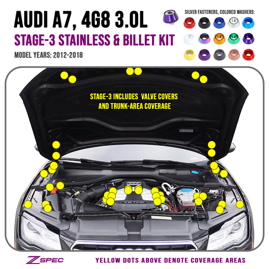 ZSPEC Stage-3 Dress Up Bolts® Fastener Kit for '12-18 Audi A7 4G8 3.0L, Stainless & Billet - Howling Moto