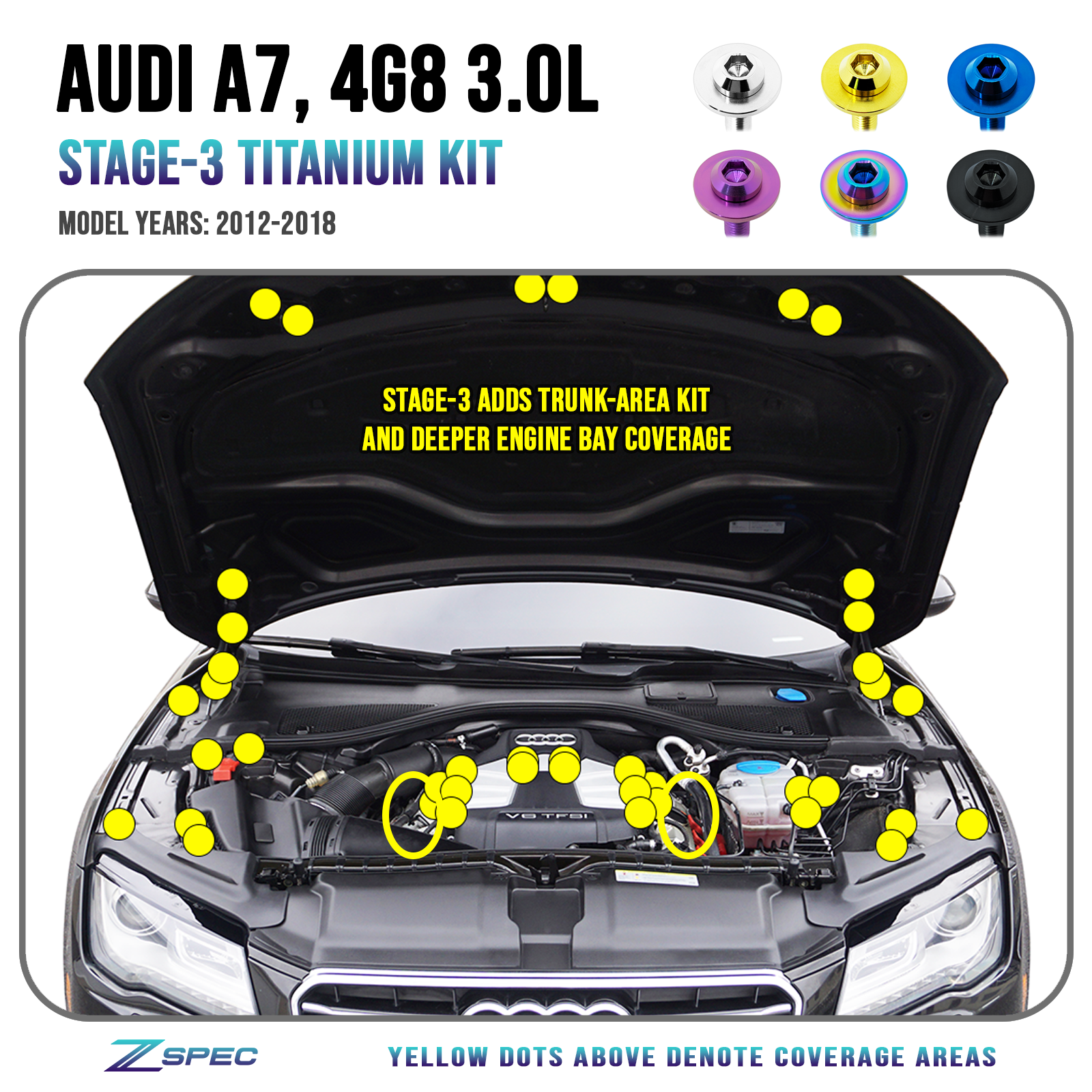 ZSPEC Stage-3 Dress Up Bolts® Fastener Kit for '12-18 Audi A7 4G8 3.0L, Titanium - Howling Moto