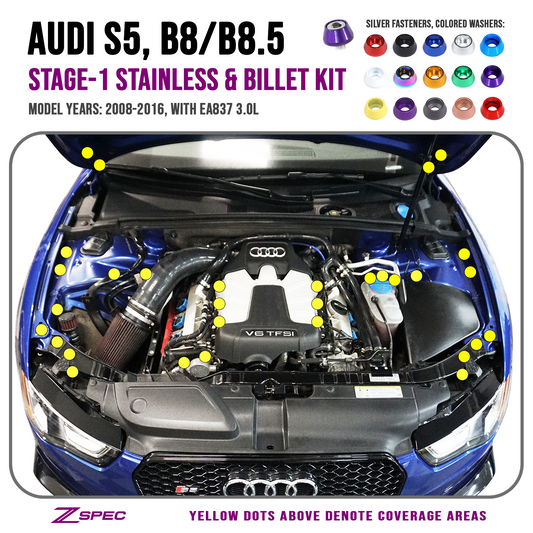 ZSPEC Stage-1 Dress Up Bolts® Fastener Kit for Audi S5 B8 3.0L, Stainless & Billet - Howling Moto