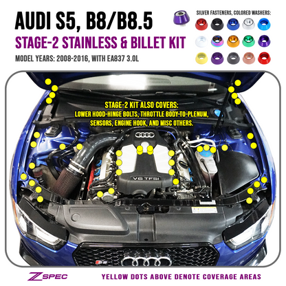 ZSPEC Stage-2 Dress Up Bolts® Fastener Kit for Audi S5 B8 3.0L, Stainless & Billet - Howling Moto