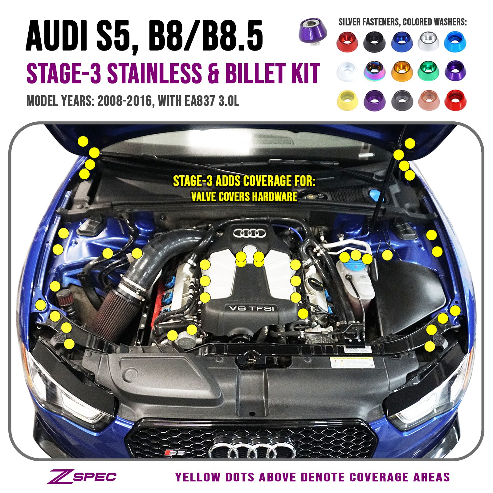 ZSPEC Stage-3 Dress Up Bolts® Fastener Kit for Audi S5 B8 3.0L, Stainless & Billet - Howling Moto
