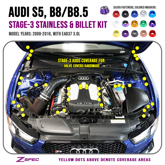 ZSPEC Stage-3 Dress Up Bolts® Fastener Kit for Audi S5 B8 3.0L, Stainless & Billet - Howling Moto