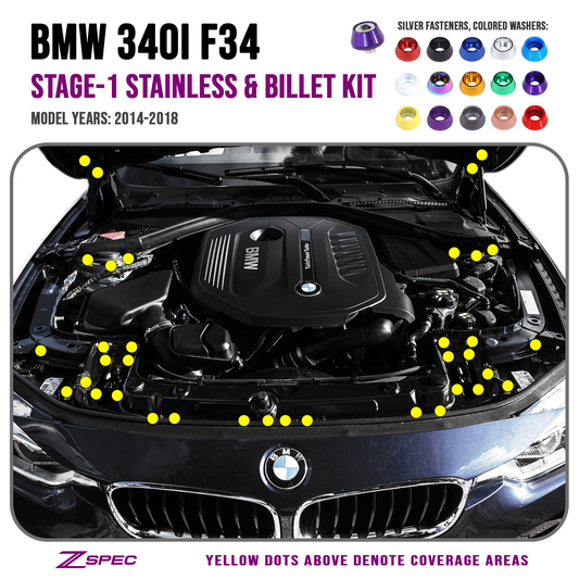 ZSPEC Stage-1 Dress Up Bolts® Fastener Kit for '14-18 BMW 340i F34 3.0T, Stainless & Billet - Howling Moto