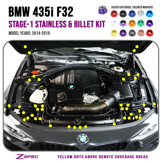ZSPEC Stage-1 Dress Up Bolts® Fastener Kit for '14-19 BMW 435i F32 3.0T, Stainless & Billet - Howling Moto