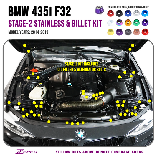 ZSPEC Stage-2 Dress Up Bolts® Fastener Kit for '14-19 BMW 435i F32 3.0T, Stainless & Billet - Howling Moto