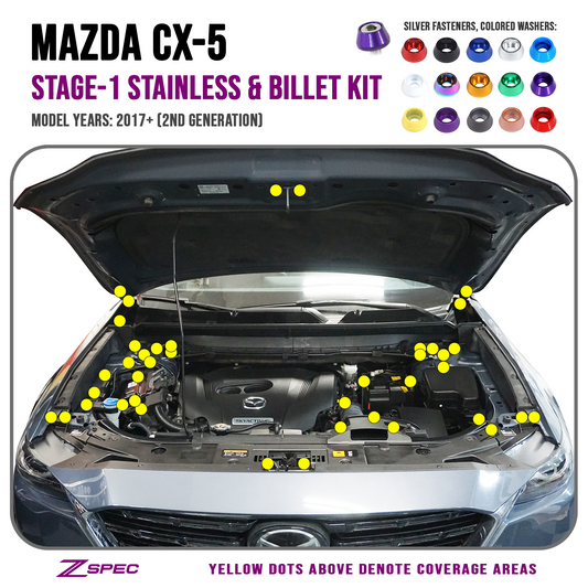 ZSPEC Stage-1 Dress Up Bolts® Fastener Kit for '17-23 Mazda CX-5, Stainless & Billet - Howling Moto