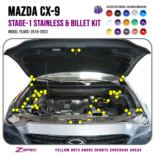 ZSPEC Stage-1 Dress Up Bolts® Fastener Kit for '16-23 Mazda CX-9, Stainless & Billet - Howling Moto