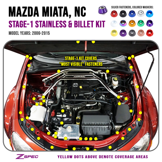 ZSPEC Stage-1 Dress Up Bolts® Fastener Kit for Mazda Miata NC, Stainless & Billet - Howling Moto