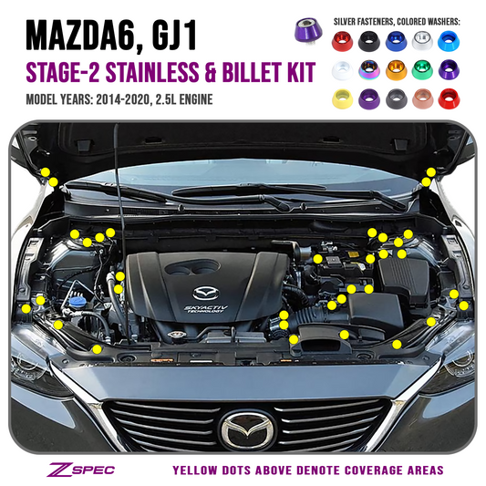 ZSPEC Stage-2 Dress Up Bolts® Fastener Kit for '14-20 Mazda6 2.5L, Stainless & Billet - Howling Moto