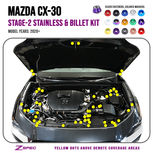 ZSPEC Stage-2 Dress Up Bolts® Fastener Kit for 2020-2024 Mazda CX-30, Stainless & Billet - Howling Moto