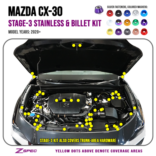 ZSPEC Stage-3 Dress Up Bolts® Fastener Kit for 2020-2024 Mazda CX-30, Stainless & Billet - Howling Moto