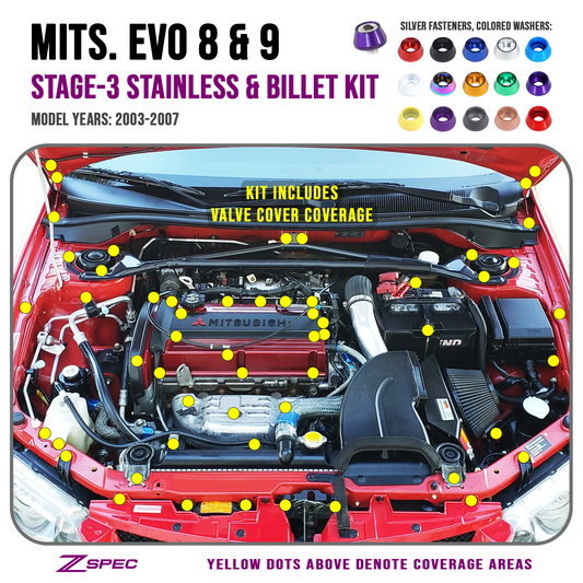 ZSPEC Stage-3 Dress Up Bolts® Fastener Kit for Mitsubishi EVO 8 & 9, Stainless & Billet - Howling Moto