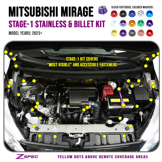 ZSPEC Stage-1 Dress Up Bolts® Fastener Kit for '23+ Mitsubishi Mirage, Stainless & Billet - Howling Moto