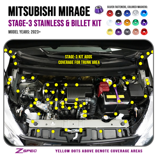 ZSPEC Stage-3 Dress Up Bolts® Fastener Kit for '23+ Mitsubishi Mirage, Stainless & Billet - Howling Moto