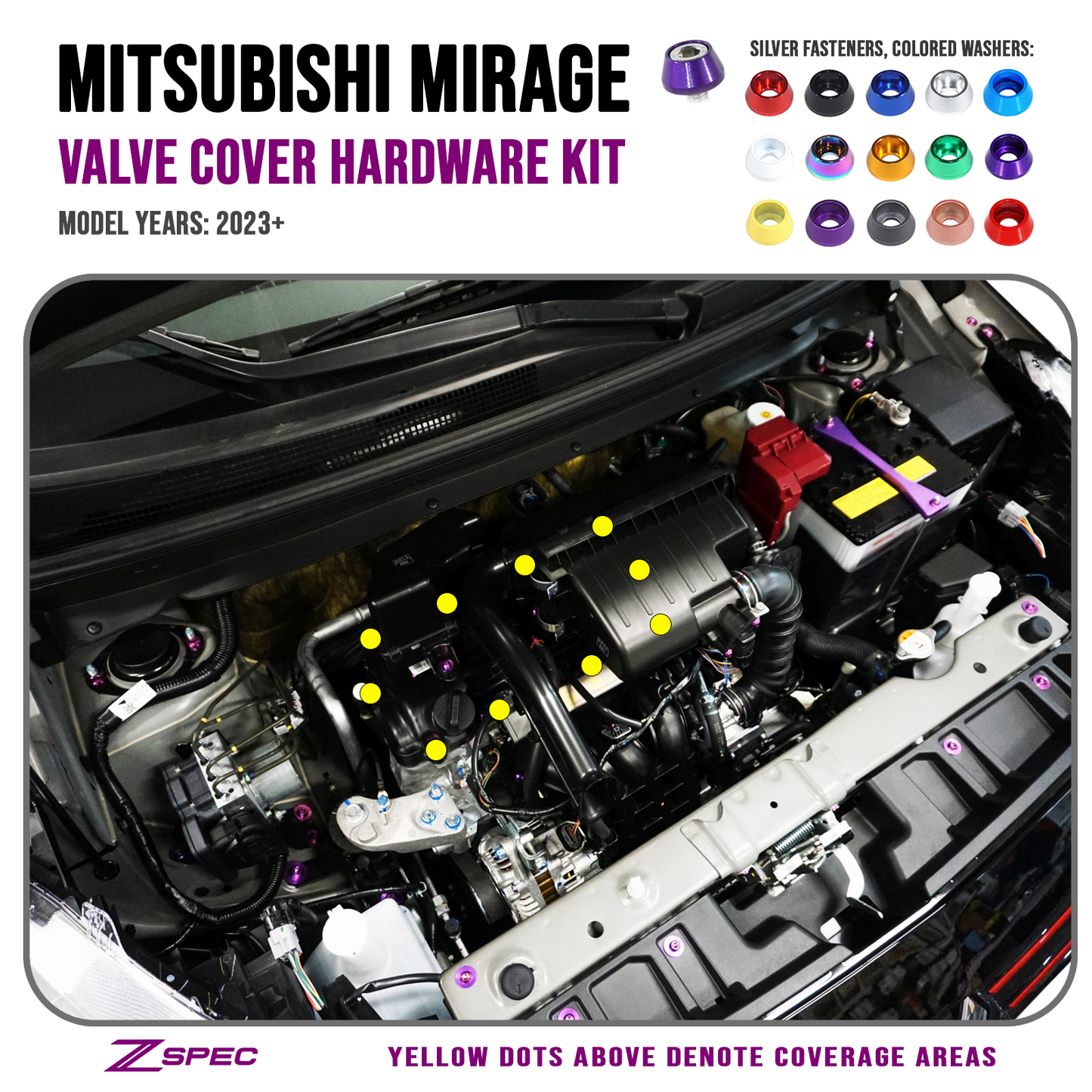 ZSPEC Valve Cover Dress Up Bolts® Fastener Kit for '23+ Mitsubishi Mirage, Stainless & Billet - Howling Moto