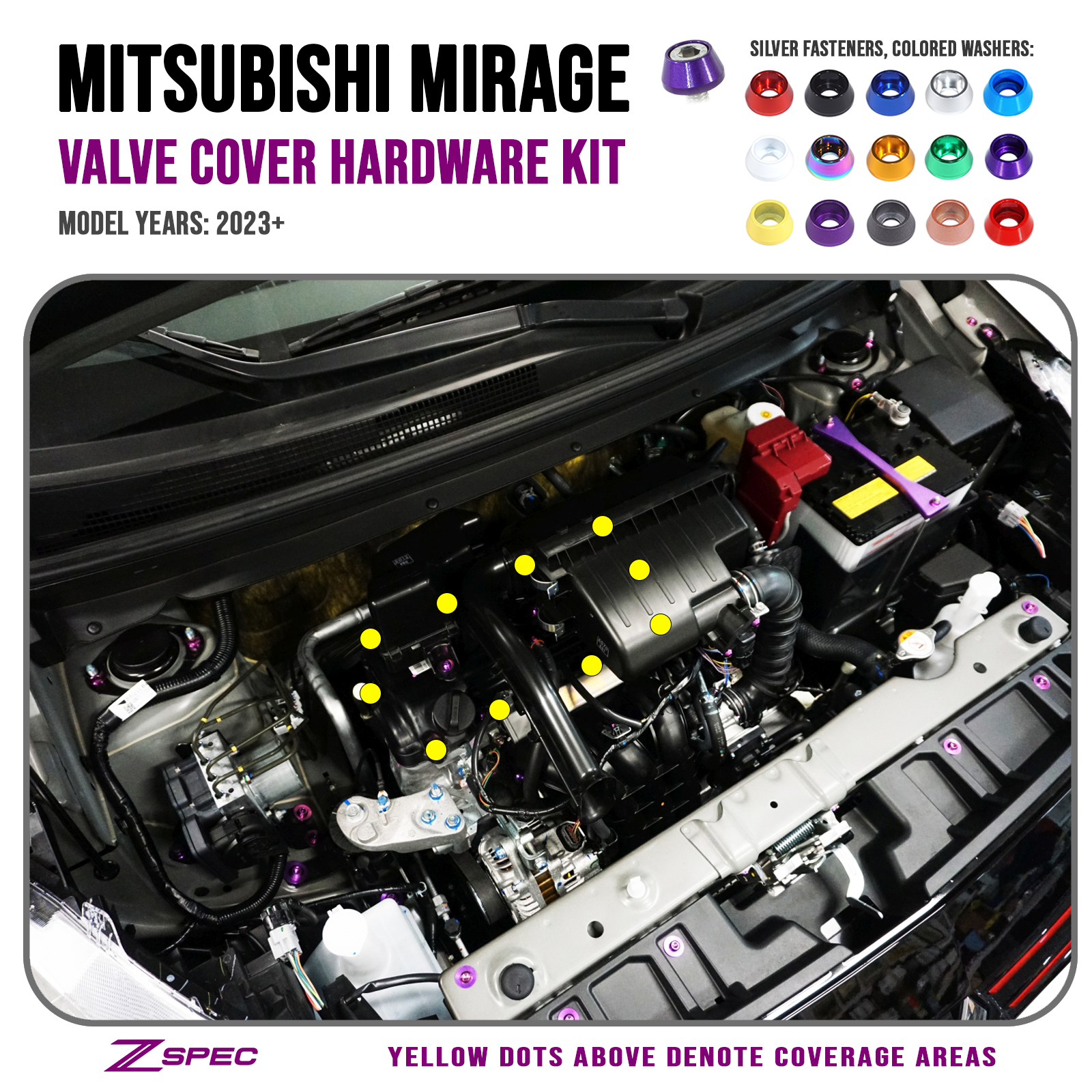 ZSPEC Valve Cover Dress Up Bolts® Fastener Kit for '23+ Mitsubishi Mirage, Stainless & Billet - Howling Moto