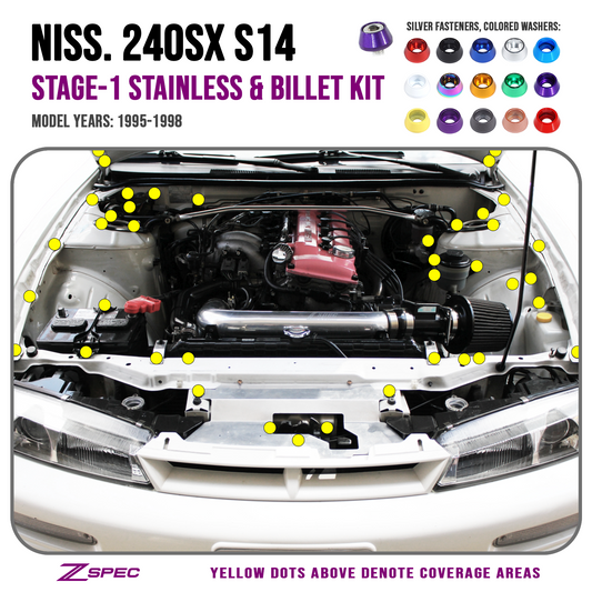 ZSPEC Stage-1 Dress Up Bolts® Fastener Kit for '95-98 Nissan 240SX S14, Stainless & Billet - Howling Moto