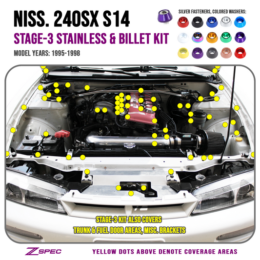 ZSPEC Stage-3 Dress Up Bolts® Fastener Kit for '95-98 Nissan 240SX S14, Stainless & Billet - Howling Moto