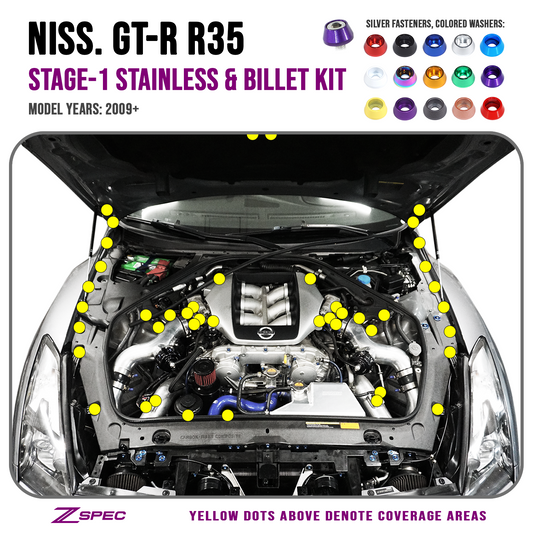 ZSPEC Stage-1 Dress Up Bolts® Fastener Kit for '09-23 Nissan GTR (R35), Stainless & Billet - Howling Moto