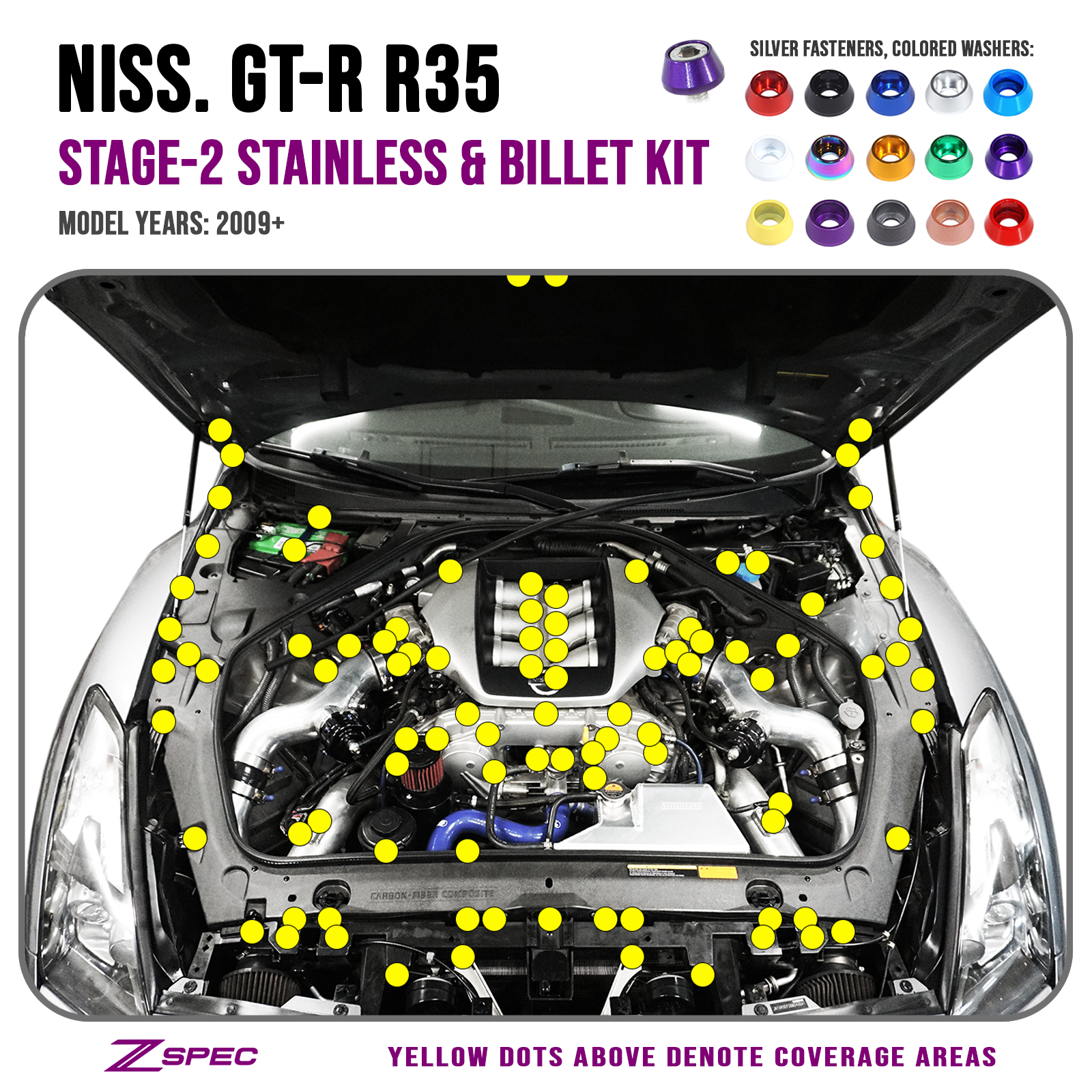 ZSPEC Stage-2 Dress Up Bolts® Fastener Kit for '09-23 Nissan GTR (R35), Stainless & Billet - Howling Moto